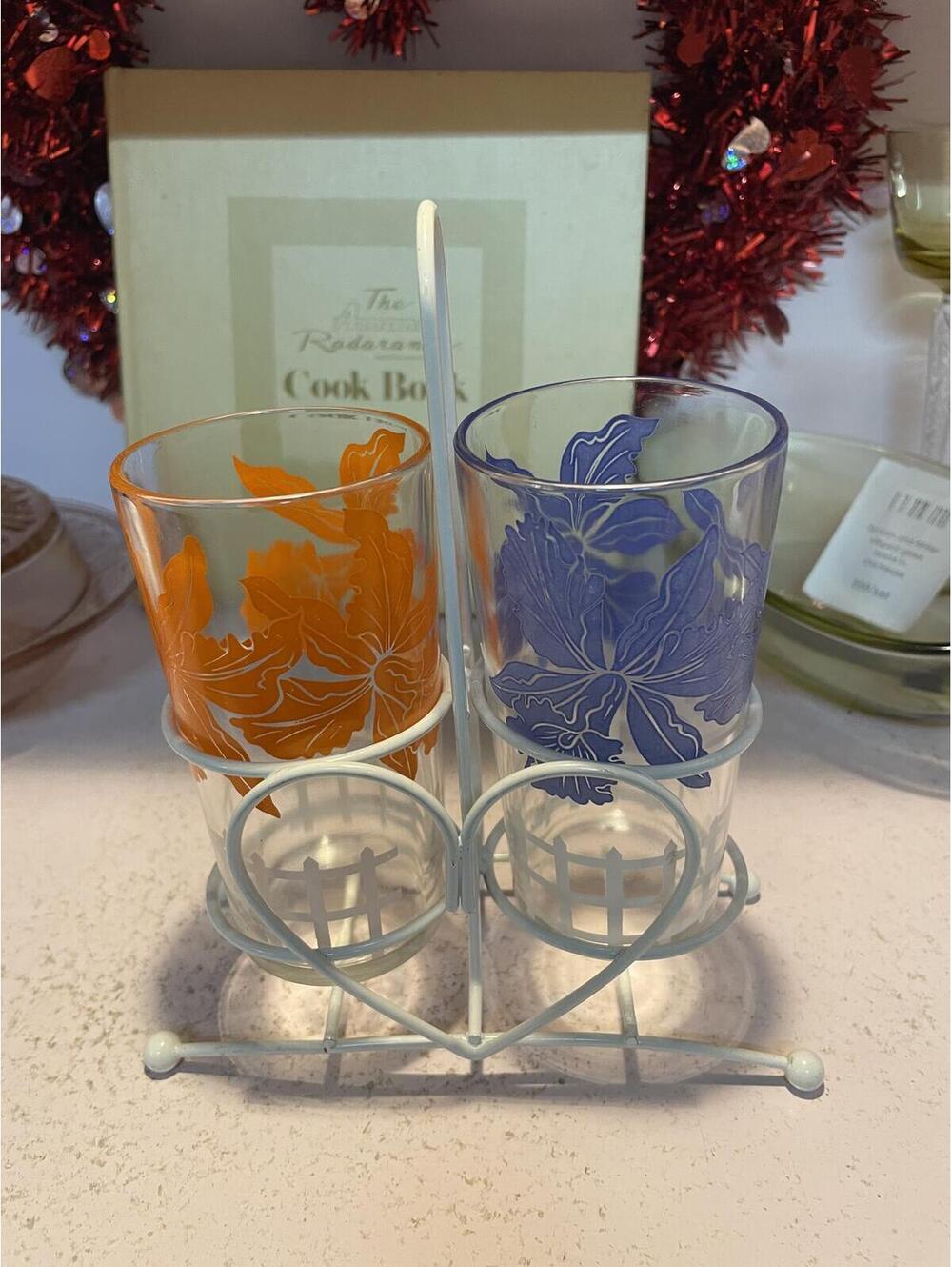 Vintage Floral Glasses Set 2 w/ Carrier Cottagecore Farmhouse